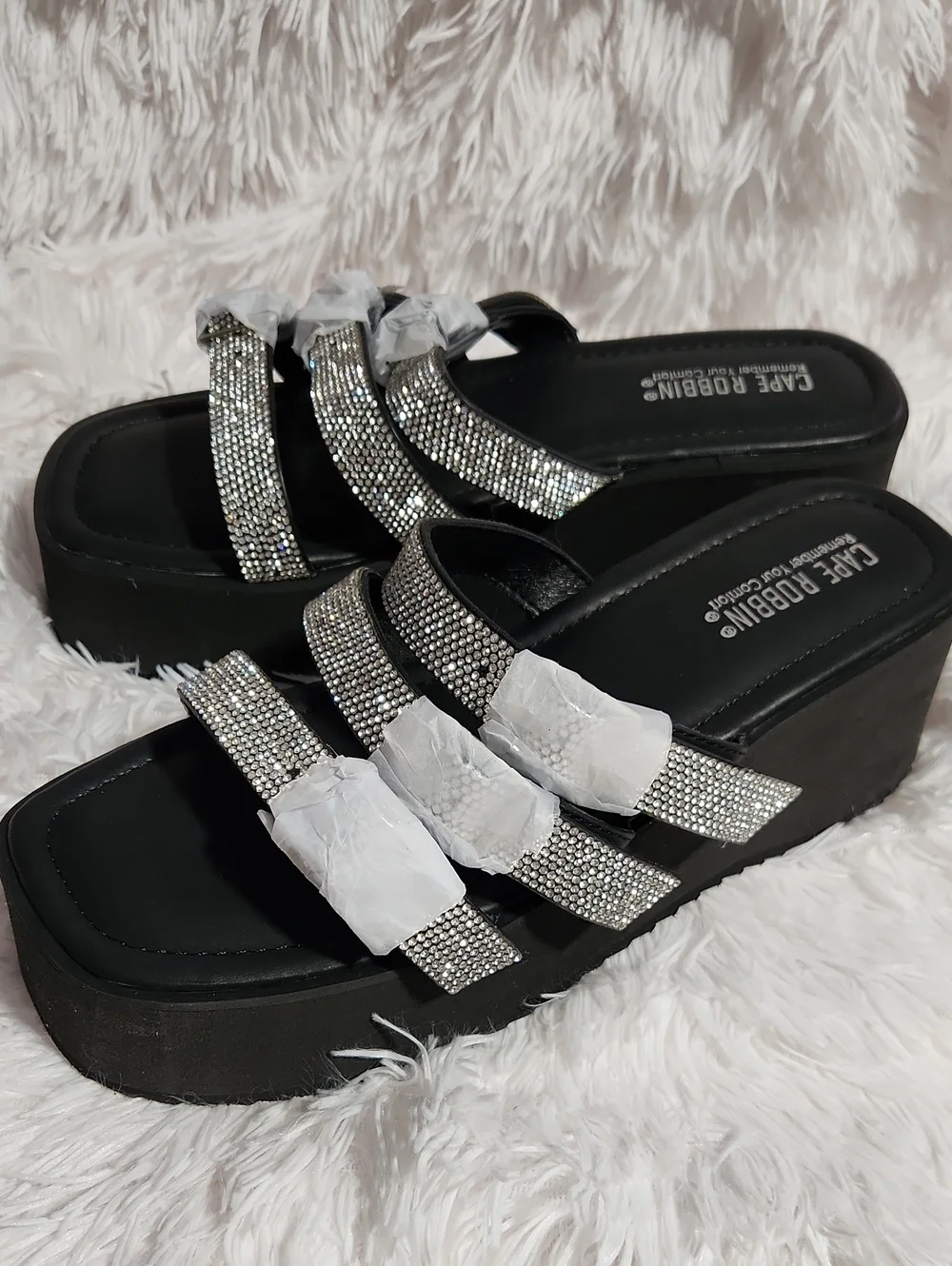 Cape Robbin Black Platform Sandals with Silver Crystal Straps